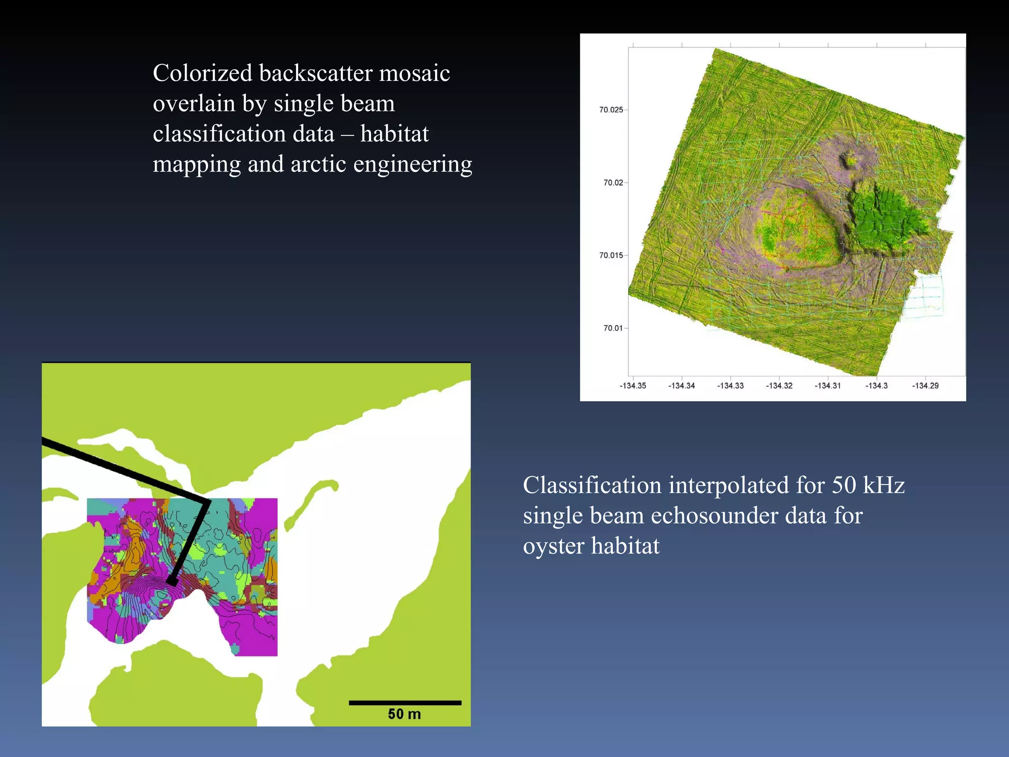 Colorized backscatter mosaic overlain by single beam classification data – habitat mapping and arctic engineering Classification interpolated for 50 kHz single beam echosounder data for oyster habitat 
