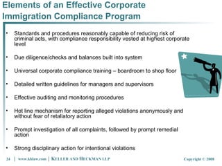 Elements of an Effective Corporate Immigration Compliance Program   Standards and procedures reasonably capable of reducing risk of criminal acts, with compliance responsibility vested at highest corporate level Due diligence/checks and balances built into system Universal corporate compliance training – boardroom to shop floor Detailed written guidelines for managers and supervisors Effective auditing and monitoring procedures Hot line mechanism for reporting alleged violations anonymously and without fear of retaliatory action Prompt investigation of all complaints, followed by prompt remedial action Strong disciplinary action for intentional violations 