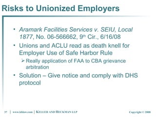 Risks to Unionized Employers Aramark Facilities Services v. SEIU, Local 1877 , No. 06-566662, 9 th  Cir., 6/16/08 Unions and ACLU read as death knell for Employer Use of Safe Harbor Rule Really application of FAA to CBA grievance arbitration Solution – Give notice and comply with DHS protocol 