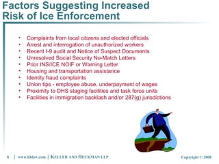 Factors Suggesting Increased Risk of Ice Enforcement Complaints from local citizens and elected officials  Arrest and interrogation of unauthorized workers Recent I-9 audit and Notice of Suspect Documents Unresolved Social Security No-Match Letters Prior INS/ICE NOIF or Warning Letter Housing and transportation assistance Identity fraud complaints Union tips - employee abuse, underpayment of wages Proximity to DHS staging facilities and task force units Facilities in immigration backlash and/or 287(g) jurisdictions 