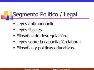 Segmento Político / Legal Leyes antimonopolio. Leyes fiscales. Filosofías de desregulación. Leyes sobre la capacitación laboral. Filosofías y políticas educativas. 