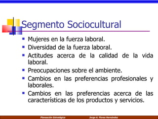 Segmento Sociocultural Mujeres en la fuerza laboral. Diversidad de la fuerza laboral. Actitudes acerca de la calidad de la vida laboral. Preocupaciones sobre el ambiente. Cambios en las preferencias profesionales y laborales. Cambios en las preferencias acerca de las características de los productos y servicios. 