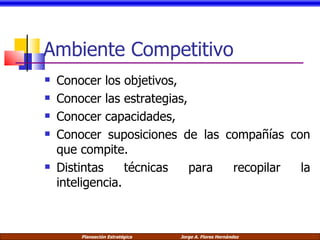Ambiente Competitivo Conocer los objetivos, Conocer las estrategias, Conocer capacidades, Conocer suposiciones de las compañías con que compite. Distintas técnicas para recopilar la inteligencia. 