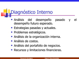 Diagnóstico Interno Análisis del desempeño pasado y el desempeño futuro esperado. Estrategias pasadas y actuales. Problemas estratégicos. Análisis de la organización interna. Análisis de costos. Análisis del portafolio de negocios. Recursos y limitaciones financieras. 