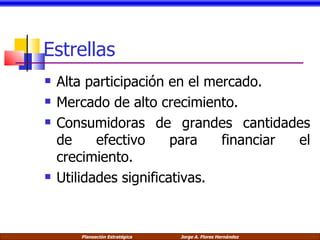 Estr ellas Alta participación en el mercado. Mercado de alto crecimiento. Consumidoras de grandes cantidades de efectivo para financiar el crecimiento. Utilidades significativas. 
