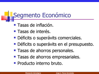 Segmento Económico Tasas de inflación. Tasas de interés. Déficits o superávits comerciales. Déficits o superávits en el presupuesto. Tasas de ahorros personales. Tasas de ahorros empresariales. Producto interno bruto. 