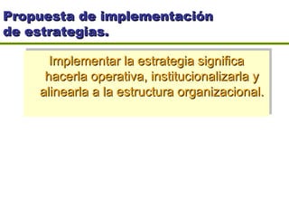 Propuesta de implementación de estrategias.  <ul><li>Implementar la estrategia significa hacerla operativa, institucionali...
