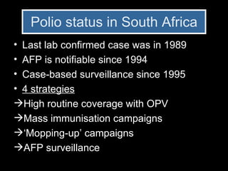 Polio status in South Africa Last lab confirmed case was in 1989 AFP is notifiable since 1994 Case-based surveillance since 1995 4 strategies High routine coverage with OPV Mass immunisation campaigns ‘ Mopping-up’ campaigns AFP surveillance 