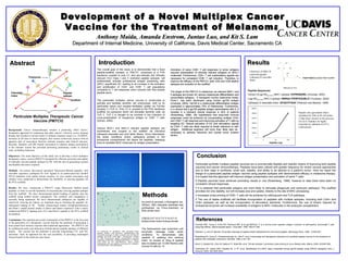 Abstract Development of a Novel Multiplex Cancer Vaccine for the Treatment of Melanoma Anthony Maida, Amanda Enstrom, Juntao Luo, and Kit S. Lam Department of Internal Medicine, University of California, Davis Medical Center, Sacramento CA Methods As proof of principle, a fluorogenic (ex. 320/em. 390) cleavable substrate was synthesized via Fmoc-chemistry on Rink amide resin: Y(NO2)-G-F-G-S-T-F-F-A-G-F-G-K(Abz)-linker-linker-K(Aoa)-Amide The fluorescence was quenched until enzymatic cleavage under acidic conditions. To demonstrate cells capable of uptaking and cleaving linker, an excess of 30ng of peptide was incubated per 10,000 Ramos cells (human B cells for 1h. Introduction The overall goal of this study is to demonstrate that a fixed peptide-scaffold complex or PMCTV, comprised of a PVA backbone coupled to poly I:C, and pre-clinically and clinically relevant HLA Class I and II restricted peptide epitopes, will preferentially activate professional antigen presenting cells (APC), specifically DC, leading to an increase in the activation and proliferation of CD4+ and CD8+ T cell populations compared to T cell responses when cultured with free soluble peptide alone. The particulate multiplex cancer vaccine is constructed to activate and facilitate dendritic cell endocytosis, both by its particulate nature and receptor-facilitated uptake via Toll-like receptor 3 (TLR 3). Poly I:C is coupled to the PVA backbone scaffold via polylysine which will stimulate dendritic cells via TLR 3. TLR 3 is thought to be involved in the induction of cross-presentation of exogenous antigen to CD8+ T cells (Schulz, 2005). Various MHC-I and MHC-II relevant peptide epitopes are synthesized and coupled to the scaffold via individual cathepsin-cleavable and acid labile linkers. Once internalized, the acidic conditions and/or cathepsins present in the endosomal compartments will cleave the peptides, releasing them to available MHC molecules for antigen presentation. Background:  Cancer immunotherapy remains a promising, albeit elusive, therapeutic approach for melanoma and other cancers. Likewise, active immune therapy has resulted in mixed results in immune response assays (i.e. ELISPOT, increases in Ab titers to tumor antigens, and various cytotoxicity assays) with an apparent lack of association between immune response and clinical outcome. Recently, dendritic cell (DC)-based vaccination to enhance antigen presentation to the immune system has provided promising preliminary results in clinical trials, including melanoma. Objectives:  The main objective of this study was to develop a novel multiplex therapeutic cancer vaccine (PMTCV) designed for efficient activation and uptake of clinically relevant peptide epitopes by DC with the aim of generating a potent and durable anti-tumor response.  Methods : Oxy-amino derivatized quenched fluorescent-labeled peptides with cleavable sequences (cathepsin D) were ligated to an amino-polyvinyl alcohol (PVA) backbone with methyl ketone moieties.  In vitro  studies (enzymatic and cellular) were conducted to demonstrate the feasibility of cleaving peptides off the PVA scaffold.  Results:  We have constructed a PMTCV using fluorescent labeled based peptides, in order to test the feasibility of enzymatically cleaving peptide epitopes from the scaffold.  We have demonstrated partial loading of peptide onto the scaffold using methyl ketone conjugation. The synthesis and conjugation is currently being optimized. We have demonstrated cathepsins are capable of selectively cleaving the linkers, an important step in releasing the peptides for subsequent loading of DC.  Further immunologic studies (lymphoproliferation and Pmel-1 model animal studies to detect anti-tumor responses) with a newly synthesized PMTCV ligating poly (I:C) and Pmel-1 peptide to the PVA scaffold are planned.  Conclusions:  The reported successful construction of the PMTCV is the first step in the generation of a therapeutic vaccine that has the potential of generating a more potent host immune response than traditional approaches.  The PMTCV can be synthesized easily and tailored to include known peptide epitopes of different tumors.  The vaccine has the potential to provide long-lasting CTL and Th1 activation. Such an approach has the real possibility of providing meaningful clinical benefit in the relatively near future. References Overwijk WW, Tsung A, Irvine KR, Parkhurst MR,  et al.  gp100/Pmel 17 is a murine tumor rejection antigen: Induction of self-reactive, tumoricidal T cells using high-affinity, altered peptide ligand.  J Exp Med . 1998; 188:277-286 Peterson JJ, and CF Meares, Enzymatic cleavage of peptide-linked radiolabels from immunoconjugates .   Bioconjug Chem . 1999;. 10:553-557 Rosenberg SA, Yang JC, Schwartzentruber DJ, Hwu P,  et al . Immunologic and therapeutic evaluation of a synthetic peptide vaccine for the treatment of patients with metastatic melanoma.  Nat Med . 1998; 4:321-327 Shulz O, Diebold SS, Chen M, Naslund TI, Nolte MA,  et al.  Toll-like receptor 3 promotes cross-priming to virus infected cells.  Nature.  2005; 433:887-892 Touloukian CE, Leitner WW, Topalian SL, Li YF,  et al . Identification of a MHC class II-restricted human gp100 epitope using DR4-IE transgenic mice.  J Immunol.  2000; 164:3535-3542 Results Peptide Sequences: Human (h)-gp100 (aa 25-33)  MHC I epitope:  KVPRNQDWL  (Overwijk, 2003) h-gp100 (aa 44-59)  MHC II epitope:  WNRQLYPEWTEAQRLD  (Toulukian, 2000) Cathepsin D cleavable linker:  GFGSTFFAGF  (Peterson and Meares, 1999) Conclusion ,[object Object],[object Object],[object Object],[object Object],[object Object],Activation of naïve CD8+ T cell responses to tumor antigens requires presentation of clinically relevant antigens on MHC-I molecules. Furthermore, CD4+ T cell costimulatory signals are necessary for competent CD8+ T cell induction. Therefore, to improve the efficacy of the PMTCV, both CD4 and CD8 relative epitopes are included on the scaffold.  The target of this PMTCV is melanoma, as relevant MHC-I and II epitopes are known for various melanocyte differentiation and cancer/testis antigens.  A transgenic murine melanoma model, Pmel-1, has been developed using human gp100 antigen (Overwijk, 2003). Gp100 is a melanocyte differentiation antigen expressed in approximately 75% of melanomas. Furthermore, in a clinical trial a gp100 peptide antigen administered with IL-2 resulted in a transient clinical response in 42% of patients (Rosenberg, 1998). We hypothesize that long-lived immune responses could be achieved by incorporating multiple CD4+ and CD8+ T cell response and improving activation of T cells by targeting DC. Robust activation of DC and stimulatory signals by CD4+ T cells are likely required to break tolerance to self-antigen.  Additional regimens will more than likely also be  necessary to address tolerance and myriad tumor evasion tactics. A) Following 1h incubation with quenched linker peptide, Ramos cells fluoresce, demonstrating that successful cleavage of linker occurred and cells uptook peptides. B) Under white light + fluorescence, clusters of ABZ fluorescence appear intracellularly, possibly indicating endosomal compartmentalization. C) Ramos cells alone do not auto-fluoresce. These results demonstrate cells are capable of cleaving the cathepsin-cleavable linker, releasing peptide. A. B. C. Chemistry of MHC-II restricted peptide-Cathepsin D cleavable linker. Peptide-Abz quenchable linker incubated for 30m in 96 well plates (150  l final volume) in the presence of Cat D. Peptides are highly cleavable by cathepsin D (25 U, Calbiochem).  Scaffold  Poly(I:C) Peptide  epitope Polylysine Cleavable  linker Particulate Multiplex Therapeutic Cancer Vaccine (PMTCV) 