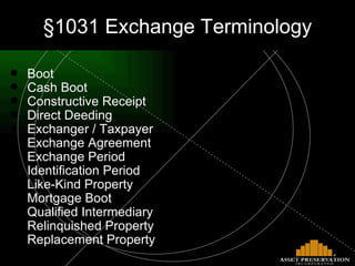 Boot Cash Boot Constructive Receipt Direct Deeding Exchanger / Taxpayer Exchange Agreement Exchange Period Identification Period Like-Kind Property Mortgage Boot Qualified Intermediary Relinquished Property Replacement Property §1031 Exchange Terminology 