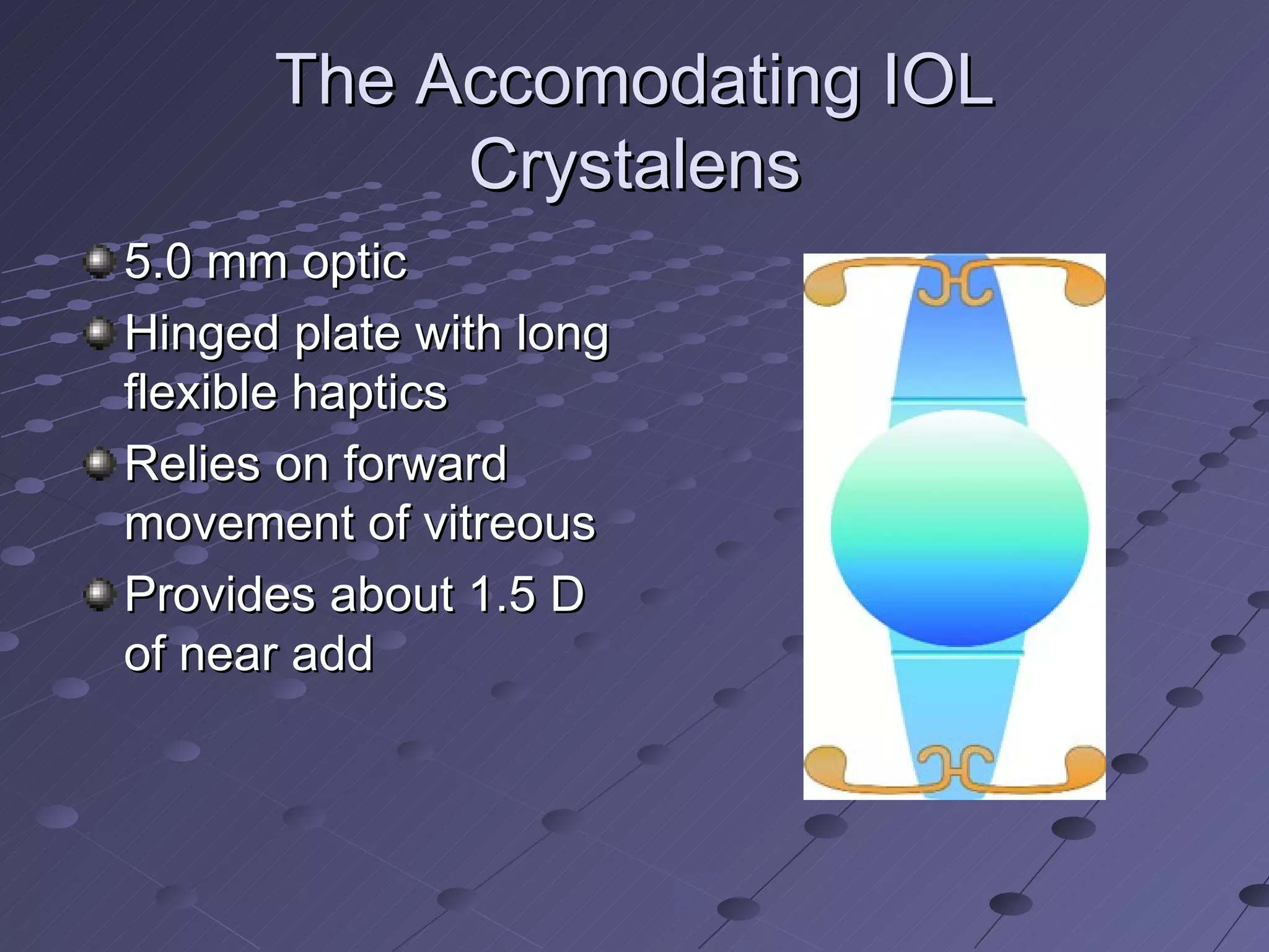 The Accomodating IOL Crystalens 5.0 mm optic Hinged plate with long flexible haptics Relies on forward movement of vitreous Provides about 1.5 D of near add 