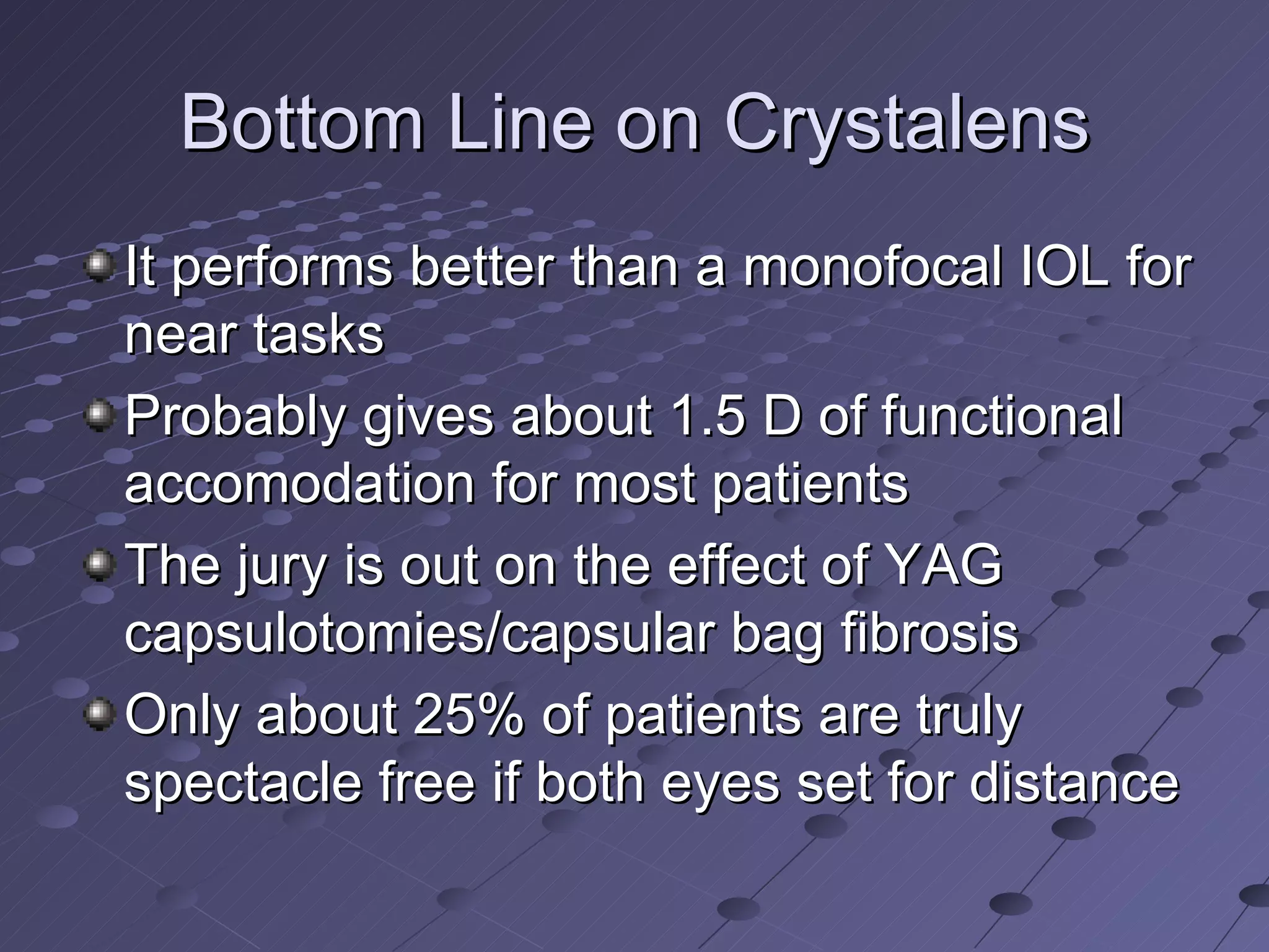 Bottom Line on Crystalens It performs better than a monofocal IOL for near tasks Probably gives about 1.5 D of functional accomodation for most patients The jury is out on the effect of YAG capsulotomies/capsular bag fibrosis  Only about 25% of patients are truly spectacle free if both eyes set for distance 