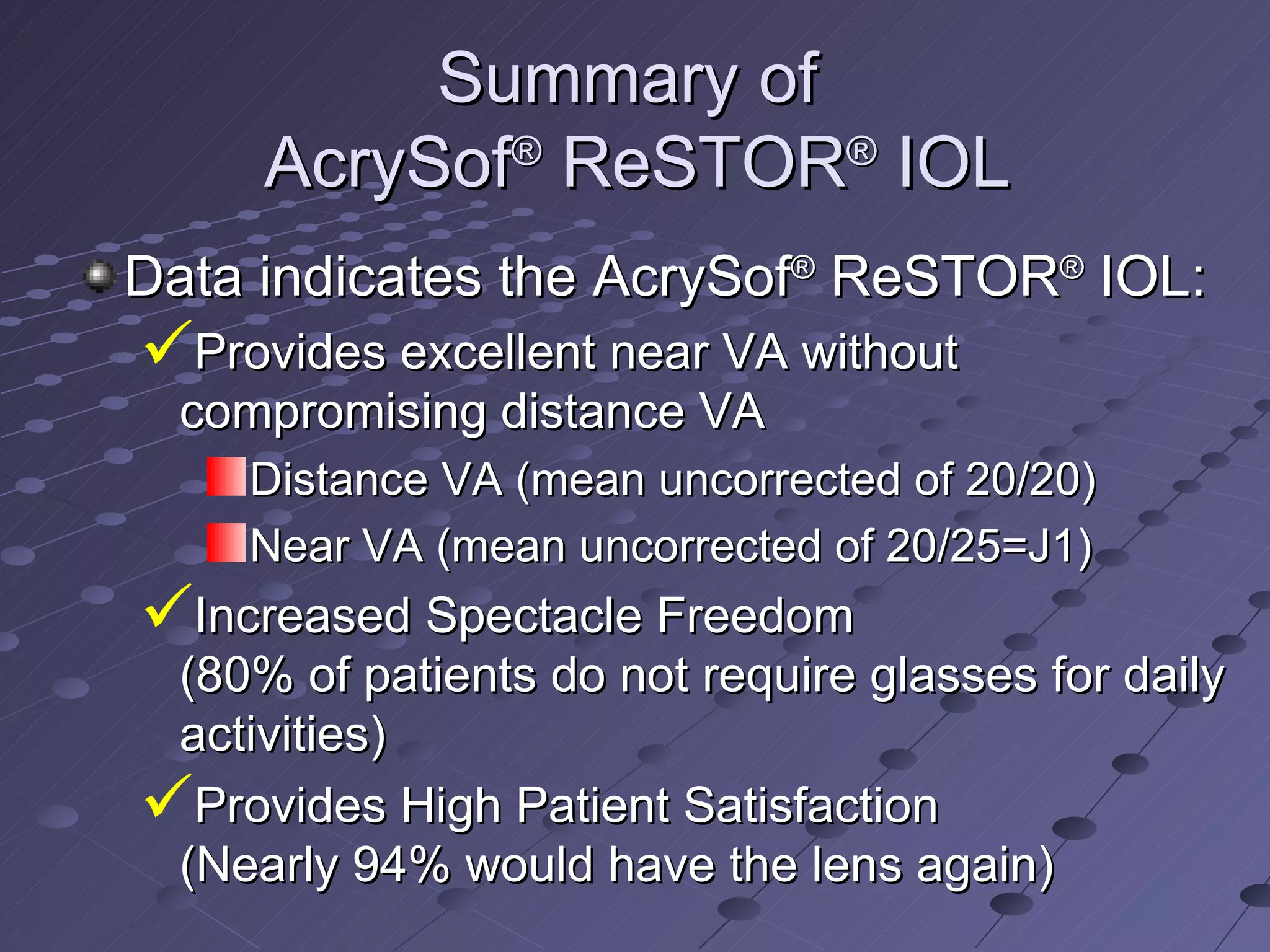 Summary of  AcrySof ®  ReSTOR ®  IOL Data indicates the AcrySof ®  ReSTOR ®  IOL: Provides excellent near VA without compromising distance VA Distance VA (mean uncorrected of 20/20) Near VA (mean uncorrected of 20/25=J1) Increased Spectacle Freedom  (80% of patients do not require glasses for daily activities) Provides High Patient Satisfaction  (Nearly 94% would have the lens again) 
