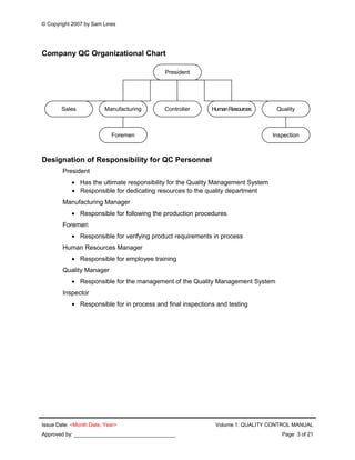 © Copyright 2007 by Sam Lines
Company QC Organizational Chart
Designation of Responsibility for QC Personnel
President
• H...