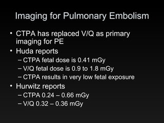 Imaging for Pulmonary Embolism CTPA has replaced V/Q as primary imaging for PE Huda reports CTPA fetal dose is 0.41 mGy V/Q fetal dose is 0.9 to 1.8 mGy CTPA results in very low fetal exposure Hurwitz reports CTPA 0.24 – 0.66 mGy V/Q 0.32 – 0.36 mGy 