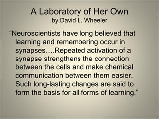 A Laboratory of Her Own by David L. Wheeler “ Neuroscientists have long believed that learning and remembering occur in synapses….Repeated activation of a synapse strengthens the connection between the cells and make chemical communication between them easier. Such long-lasting changes are said to form the basis for all forms of learning.” 