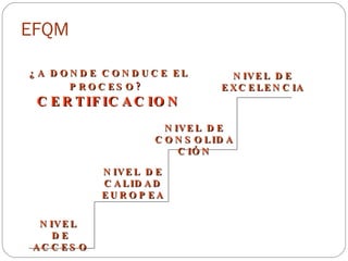 EFQM NIVEL  DE ACCESO NIVEL DE CALIDAD EUROPEA NIVEL DE CONSOLIDACIÓN NIVEL DE EXCELENCIA ¿A DONDE CONDUCE EL PROCESO?   CERTIFICACION 