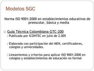 Modelos SGC Norma ISO 9001:2000 en establecimientos educativos de preescolar, básica y media ::  Guía Técnica Colombiana GTC-200 :  Publicada por ICONTEC en julio de 2.005 :  Elaborada con participación del MEN, certificadores, colegios y universidades. :  Lineamientos y criterios para aplicar ISO 9001:2000 en colegios y establecimientos de educación no formal 