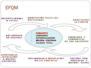 EFQM DESARROLLO  DE ALIANZAS LIDERAZGO  Y  COHERENCIA  EN  LOS   OBJETIVOS GESTION  POR PROCESOS  Y  HECHOS - DATOS DESARROLLO   E IMPLICACIÓN DE  LAS PERSONAS APRENDIZAJE,   INNOVACIÓN &   MEJORA  CONTINUOS ORIENTACIÓN   HACIA LOS RESULTADOS RESPONSABILIDAD  SOCIAL ORIENTACION  AL CLIENTE HUMANISTA LIDERAZGO  AUTOEVALUACION   MEJORA  CONTINUA CALIDAD  TOTAL 