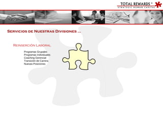 Reinserción Laboral Programas Grupales Programas Individuales Coaching Gerencial Transición de Carrera Nuevas Posiciones Servicios de Nuestras Divisiones … 