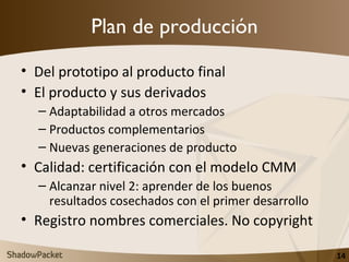 Plan de producción <ul><li>Del prototipo al producto final </li></ul><ul><li>El producto y sus derivados </li></ul><ul><ul...