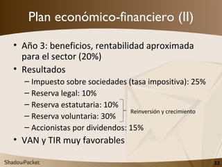 Plan económico-financiero (II) <ul><li>Año 3: beneficios, rentabilidad aproximada para el sector (20%) </li></ul><ul><li>R...