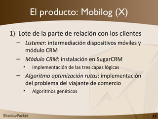 El producto: Mobilog (X) <ul><li>Lote de la parte de relación con los clientes </li></ul><ul><ul><li>Listener : intermedia...