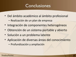Conclusiones <ul><li>Del ámbito académico al ámbito profesional </li></ul><ul><ul><li>Realización de un plan de empresa </...