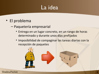 La idea <ul><li>El problema </li></ul><ul><ul><li>Paquetería empresarial </li></ul></ul><ul><ul><ul><li>Entrega en un luga...