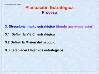 Planeación Estratégica Proceso 3. Direccionamiento estratégico  (donde queremos estar) 3.1  Definir la Visión estratégica 3.2 Definir la Misión del negocio 3.3 Establecer Objetivos estratégicos  LUIS EDUARDO MEDINA C. 
