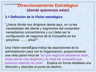 Direccionamiento Estratégico (donde queremos estar) 3.1 Definición de la Visión estratégica “ ¿Hacia dónde nos dirigimos desde aquí, en cuáles necesidades del cliente y segmentos del comprador  necesitamos concentrarnos y cuál debe ser la  configuración de negocios de la Compañía en los  próximos ……. años?”  Una Visión estratégica indica las aspiraciones de la administración para con la Organización, proporcionando  una vista panorámica de  “en que negocios deseamos estar,  hacia dónde nos dirigimos y la clase de compañía que estamos tratando de crear”.   Explica en forma detallada una dirección y describe el punto de destino.  LUIS EDUARDO MEDINA C. 