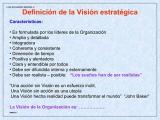 Definición de la Visión estratégica Características: Es formulada por los líderes de la Organización Amplia y detallada Integradora Coherente y consistente Dimensión de tiempo Positiva y alentadora Clara y entendible por todos Debe ser difundida interna y externamente Debe ser realista – posible:  “Los sueños han de ser realistas”  “ Una acción sin Visión es un esfuerzo inútil, Una Visión sin acción es una utopía Una Visión hecha realidad puede transformar el mundo”  “John Baker” La Visión de la Organización es: ……………… ANEXO 1 LUIS EDUARDO MEDINA C. 