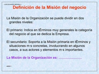 Definición de la Misión del negocio La Misión de la Organización se puede dividir en dos  grandes niveles: El primario: Indica en términos muy generales la categoría del negocio al que se dedica la Empresa. El secundario: Soporta a la Misión primaria en términos y situaciones más concretas, involucrando en algunos  casos, a sus actores y elementos más importantes.  La Misión de la Organización es: ………………… ANEXO 1   LUIS EDUARDO MEDINA C. 