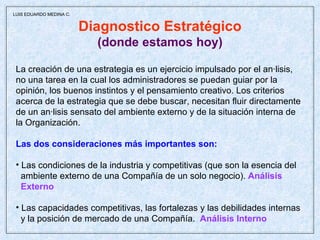 Diagnostico Estratégico (donde estamos hoy) La creación de una estrategia es un ejercicio impulsado por el análisis,  no una tarea en la cual los administradores se puedan guiar por la  opinión, los buenos instintos y el pensamiento creativo. Los criterios  acerca de la estrategia que se debe buscar, necesitan fluir directamente  de un análisis sensato del ambiente externo y de la situación interna de  la Organización.  Las dos consideraciones más importantes son: Las condiciones de la industria y competitivas (que son la esencia del ambiente externo de una Compañía de un solo negocio).   Análisis Externo Las capacidades competitivas, las fortalezas y las debilidades internas y la posición de mercado de una Compañía.  Análisis Interno  LUIS EDUARDO MEDINA C. 
