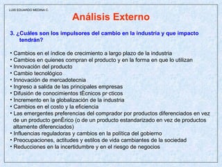 Análisis Externo 3. ¿Cuáles son los impulsores del cambio en la industria y que impacto tendrán? Cambios en el índice de crecimiento a largo plazo de la industria Cambios en quienes compran el producto y en la forma en que lo utilizan Innovación del producto Cambio tecnológico Innovación de mercadotecnia Ingreso a salida de las principales empresas Difusión de conocimientos técnicos prácticos Incremento en la globalización de la industria Cambios en el costo y la eficiencia Las emergentes preferencias del comprador por productos diferenciados en vez de un producto genérico (o de un producto estandarizado en vez de productos altamente diferenciados) Influencias reguladoras y cambios en la política del gobierno Preocupaciones, actitudes y estilos de vida cambiantes de la sociedad Reducciones en la incertidumbre y en el riesgo de negocios  LUIS EDUARDO MEDINA C. 