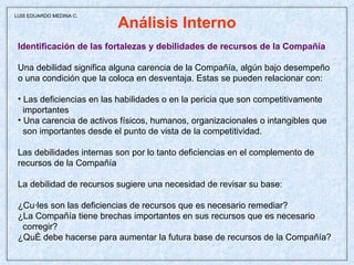 Análisis Interno Identificación de las fortalezas y debilidades de recursos de la Compañía Una debilidad significa alguna carencia de la Compañía, algún bajo desempeño  o una condición que la coloca en desventaja. Estas se pueden relacionar con: Las deficiencias en las habilidades o en la pericia que son competitivamente  importantes Una carencia de activos físicos, humanos, organizacionales o intangibles que son importantes desde el punto de vista de la competitividad. Las debilidades internas son por lo tanto deficiencias en el complemento de  recursos de la Compañía La debilidad de recursos sugiere una necesidad de revisar su base:  ¿Cuáles son las deficiencias de recursos que es necesario remediar? ¿La Compañía tiene brechas importantes en sus recursos que es necesario corregir? ¿Qué debe hacerse para aumentar la futura base de recursos de la Compañía?  LUIS EDUARDO MEDINA C. 