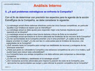 Análisis Interno 5. ¿A qué problemas estratégicos se enfrenta la Compañía? Con el fin de determinar con precisión los aspectos para la agenda de la acción Estratégica de la Compañía, se debe considerar lo siguiente: ¿La estrategia actual ofrece defensas atractivas contra las cinco fuerzas competitivas, en particular aquellas cuya fortaleza se espera que se intensifique? ¿La estrategia actual se debe ajustar para responder mejor a las fuerzas impulsoras que están  operando en la industria? ¿La estrategia actual se ajusta a losa futuros factores críticos de éxito en la industria? ¿La estrategia actual aprovecha en la forma adecuada las fortalezas de los recursos de la Compañía? ¿Cuáles oportunidades de la Compañía ameritan una máxima prioridad? ¿A cuales se les debe  asignar prioridad más baja? ¿Cuáles son las más adecuadas para la fortaleza de recursos y las capacidades de la Compañía? ¿Qué necesita hacer la Compañía para corregir sus debilidades de recursos y protegerse de las amenazas externas? ¿Hasta que grado es vulnerable la Compañía a los esfuerzos competitivos de uno o más rivales y qué puede hacer para reducir esta vulnerabilidad? ¿La Compañía tiene una ventaja competitiva o se debe esforzar para compensar su desventaja competitiva ¿Cuáles son las fortalezas y debilidades en la estrategia actual? ¿Son necesarias acciones adicionales para mejorar la posición de costo de la Compañía, para aprovechar las oportunidades que surgen y para reforzar la posición competitiva de la Compañía?  ANEXO 14   LUIS EDUARDO MEDINA C. 
