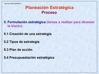 Planeación Estratégica Proceso   5. Formulación estratégica   (tareas a realizar para alcanzar la Visión) 5.1 Creación de una estrategia 5.2 Tipos de estrategia 5.3 Plan de acción 5.4 Presupuestación estratégica  LUIS EDUARDO MEDINA C. 