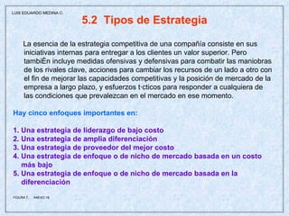 5.2  Tipos de Estrategia La esencia de la estrategia competitiva de una compañía consiste en sus iniciativas internas para entregar a los clientes un valor superior. Pero también incluye medidas ofensivas y defensivas para combatir las maniobras de los rivales clave, acciones para cambiar los recursos de un lado a otro con el fin de mejorar las capacidades competitivas y la posición de mercado de la empresa a largo plazo, y esfuerzos tácticos para responder a cualquiera de las condiciones que prevalezcan en el mercado en ese momento. Hay cinco enfoques importantes en: 1. Una estrategia de liderazgo de bajo costo 2. Una estrategia de amplia diferenciación 3. Una estrategia de proveedor del mejor costo 4. Una estrategia de enfoque o de nicho de mercado basada en un costo  más bajo 5. Una estrategia de enfoque o de nicho de mercado basada en la  diferenciación FIGURA 7,  ANEXO 18 LUIS EDUARDO MEDINA C. 
