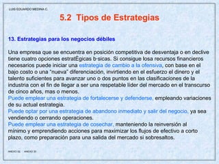 5.2  Tipos de Estrategias 13. Estrategias para los negocios débiles Una empresa que se encuentra en posición competitiva de desventaja o en declive tiene cuatro opciones estratégicas básicas. Si consigue losa recursos financieros necesarios puede iniciar una  estrategia de cambio a la ofensiva , con base en el bajo costo o una “nueva” diferenciación, invirtiendo en el esfuerzo el dinero y el talento suficientes para avanzar uno o dos puntos en las clasificaciones de la industria con el fin de llegar a ser una respetable líder del mercado en el transcurso de cinco años, mas o menos. Puede emplear una estrategia de fortalecerse y defenderse,  empleando variaciones de su actual estrategia. Puede optar por una estrategia de abandono inmediato y salir del negocio,  ya sea vendiendo o cerrando operaciones. Puede emplear una estrategia de cosechar,  manteniendo la reinversión al mínimo y emprendiendo acciones para maximizar los flujos de efectivo a corto  plazo, como preparación para una salida del mercado si sobresaltos. ANEXO 32,  ANEXO 33   LUIS EDUARDO MEDINA C. 