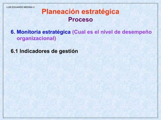 Planeación estratégica Proceso 6. Monitoria estratégica   (Cual es el nivel de desempeño organizacional) 6.1 Indicadores de gestión LUIS EDUARDO MEDINA C. 