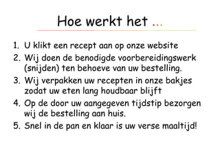 Hoe werkt het  . . . U klikt een recept aan op onze website  Wij doen de benodigde voorbereidingswerk (snijden) ten behoeve van uw bestelling. Wij verpakken uw recepten in onze bakjes zodat uw eten lang houdbaar blijft Op de door uw aangegeven tijdstip bezorgen wij de bestelling aan huis. Snel in de pan en klaar is uw verse maaltijd! 