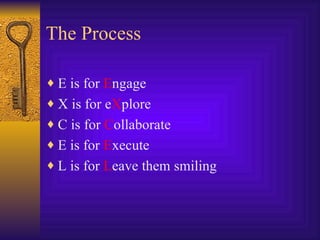 The Process E is for  E ngage X is for e X plore C is for  C ollaborate E is for  E xecute L is for  L eave them smiling 