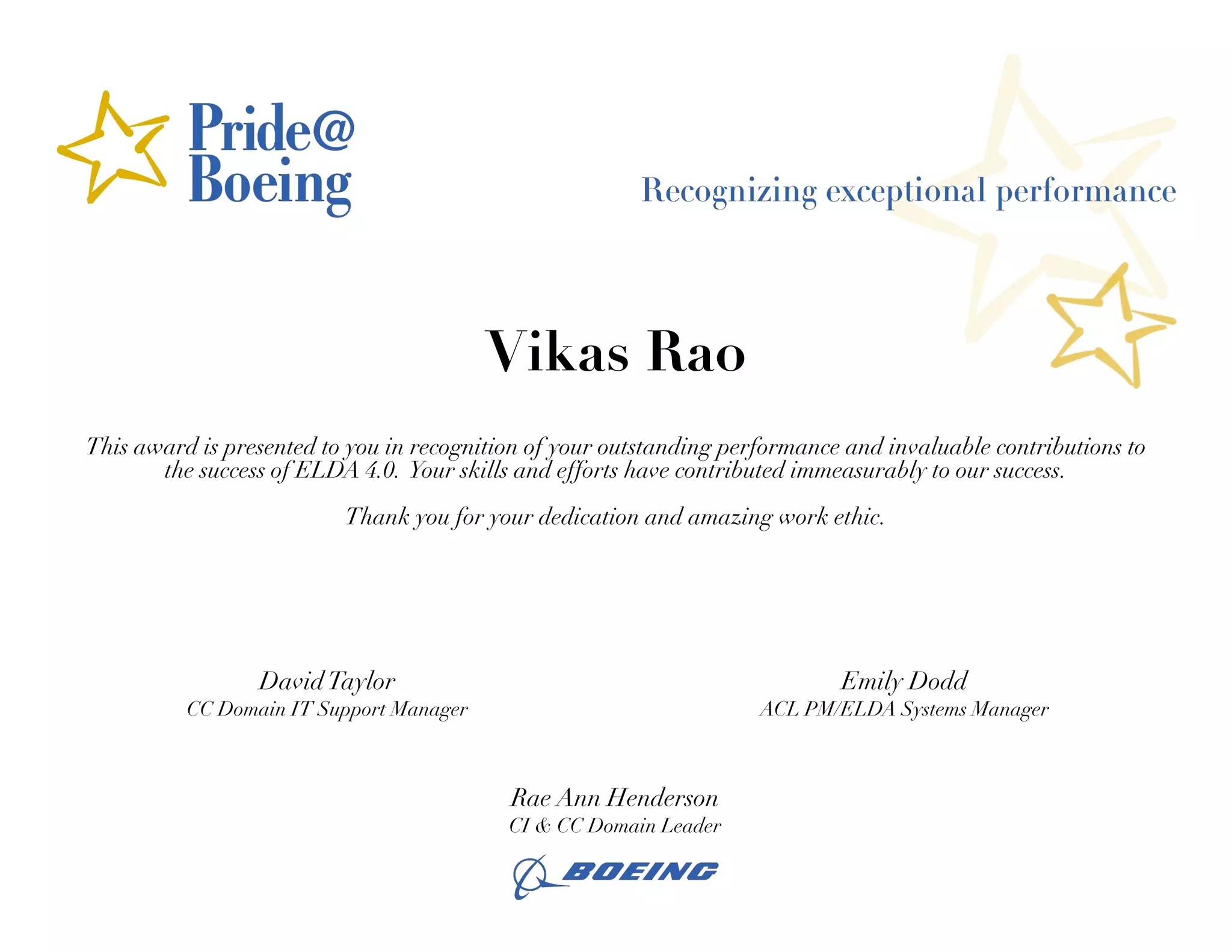 Pride Boeing Recognition Award ELDA