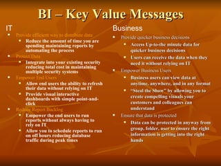 BI – Key Value Messages Provide quicker business decisions Access Up-to-the minute data for quicker business decisions Users can receive the data when they need it without relying on IT Empower Business Users Business users can view data at anytime, anywhere, and in any format  “ Steal the Show” by allowing you to create compelling visuals your customers and colleagues can understand Ensure that data is protected Data can be protected in anyway from group, folder, user to ensure the right information is getting into the right hands IT Business Provide efficient way to distribute data Reduce the amount of time you are spending maintaining reports by automating the process Protect Data Integrate into your existing security reducing total cost in maintaining multiple security systems Empower End Users Allow end users the ability to refresh their data without relying on IT Provide visual interactive dashboards with simple point-and-click Reduce Report Backlog Empower the end users to run reports without always having to rely on IT Allow you to schedule reports to run on off hours reducing database traffic during peak times 