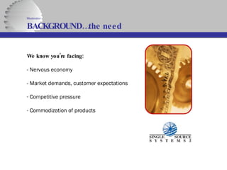 We know you’re facing: - Nervous economy - Market demands, customer expectations Competitive pressure Commodization of products Moderator BACKGROUND…the need   