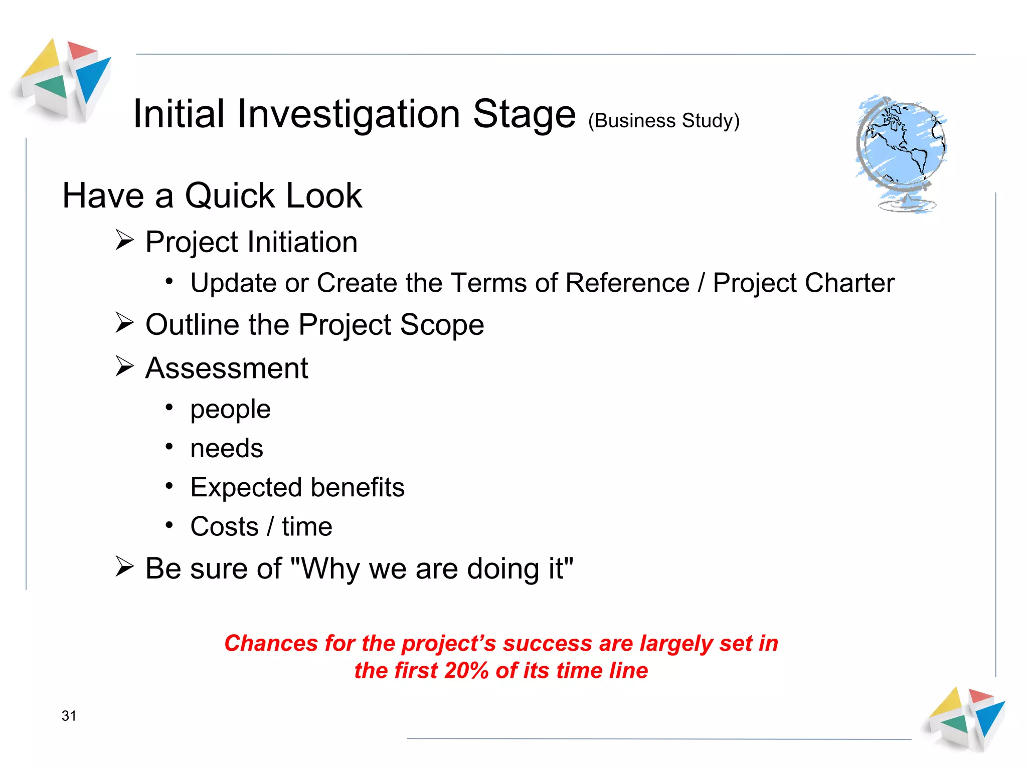 Initial Investigation Stage  (Business Study)   Have a Quick Look Project Initiation Update or Create the Terms of Reference / Project Charter  Outline the Project Scope Assessment  people needs Expected benefits Costs / time Be sure of &quot;Why we are doing it&quot; Chances for the project’s success are largely set in the first 20% of its time line 