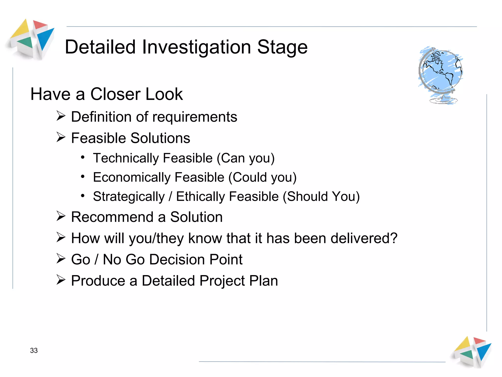 Detailed Investigation Stage Have a Closer Look Definition of requirements Feasible Solutions Technically Feasible (Can you) Economically Feasible (Could you) Strategically / Ethically Feasible (Should You) Recommend a Solution How will you/they know that it has been delivered? Go / No Go Decision Point Produce a Detailed Project Plan 