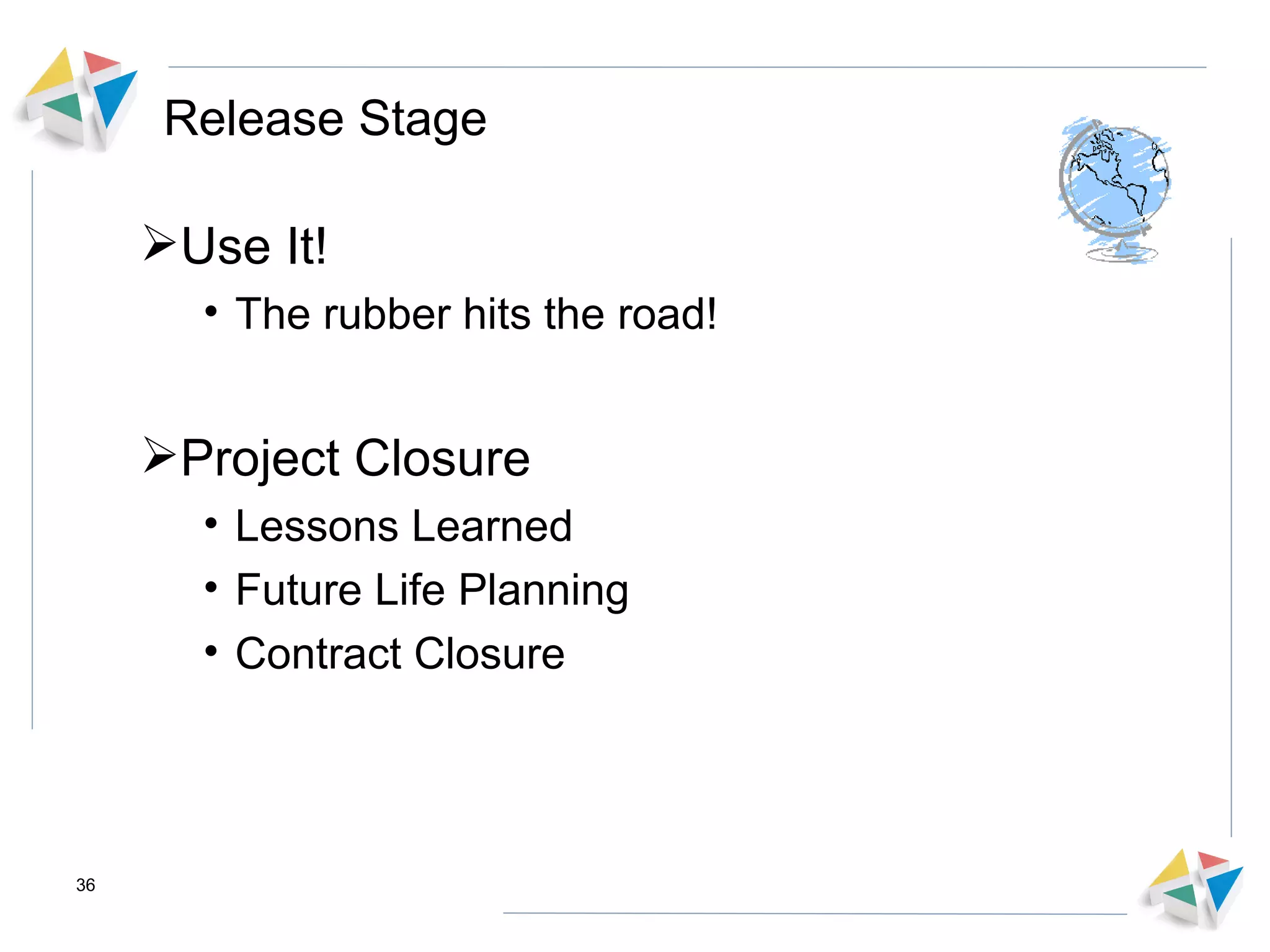 Release Stage Use It! The rubber hits the road! Project Closure Lessons Learned Future Life Planning Contract Closure 