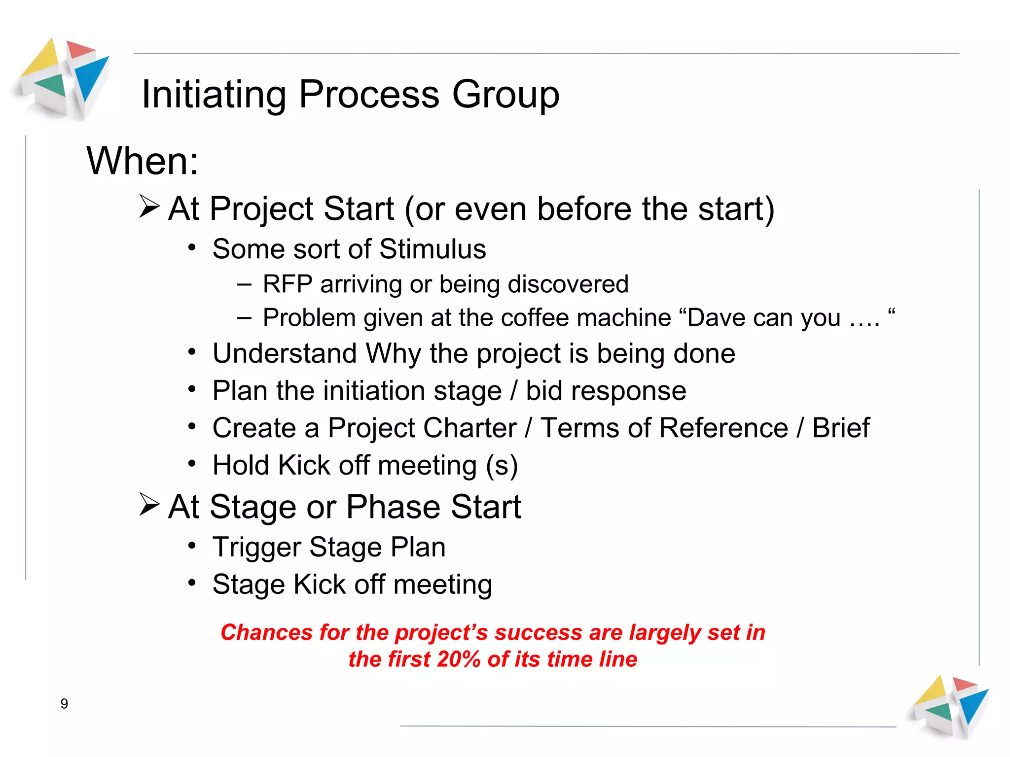 Initiating Process Group When: At Project Start (or even before the start) Some sort of Stimulus RFP arriving or being discovered Problem given at the coffee machine “Dave can you …. “ Understand Why the project is being done Plan the initiation stage / bid response Create a Project Charter / Terms of Reference / Brief Hold Kick off meeting (s) At Stage or Phase Start Trigger Stage Plan Stage Kick off meeting Chances for the project’s success are largely set in the first 20% of its time line 